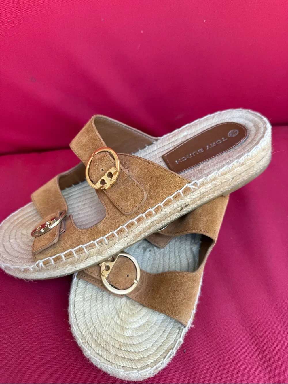 Tory Burch Tan Suede Double-Buckle Espadrille Slide Sandal